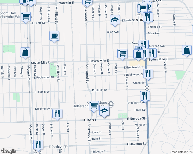 map of restaurants, bars, coffee shops, grocery stores, and more near 18714 Concord Street in Detroit