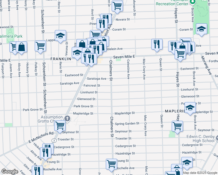 map of restaurants, bars, coffee shops, grocery stores, and more near 14280 Faircrest Street in Detroit