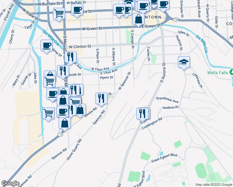 map of restaurants, bars, coffee shops, grocery stores, and more near 308 West Spencer Street in Ithaca