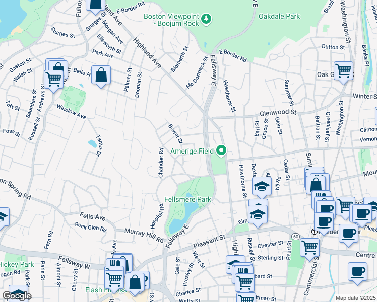 map of restaurants, bars, coffee shops, grocery stores, and more near 40 Clyde Street in Malden