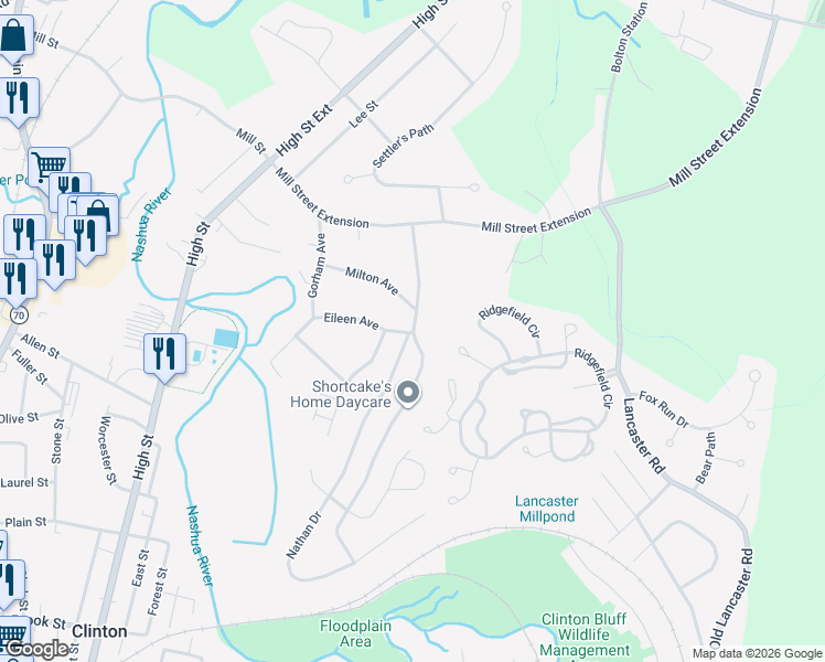 map of restaurants, bars, coffee shops, grocery stores, and more near 45 Woodruff Road in Clinton