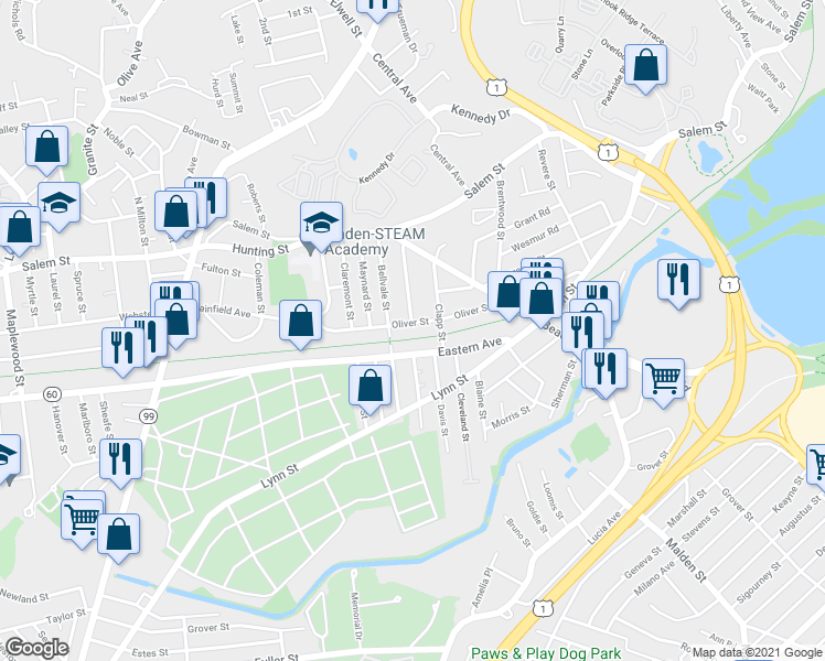 map of restaurants, bars, coffee shops, grocery stores, and more near 172 Oliver Street in Malden