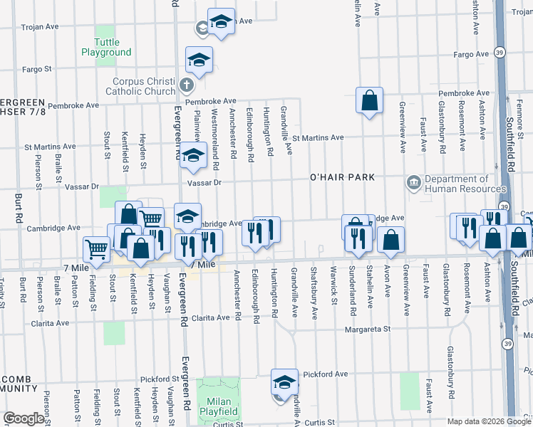 map of restaurants, bars, coffee shops, grocery stores, and more near 19319 Huntington Road in Detroit