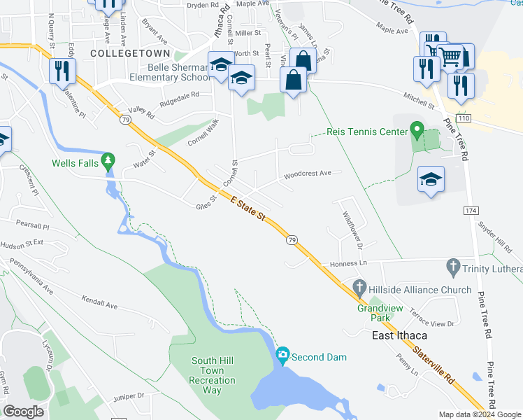 map of restaurants, bars, coffee shops, grocery stores, and more near 1314 East State Street in Ithaca