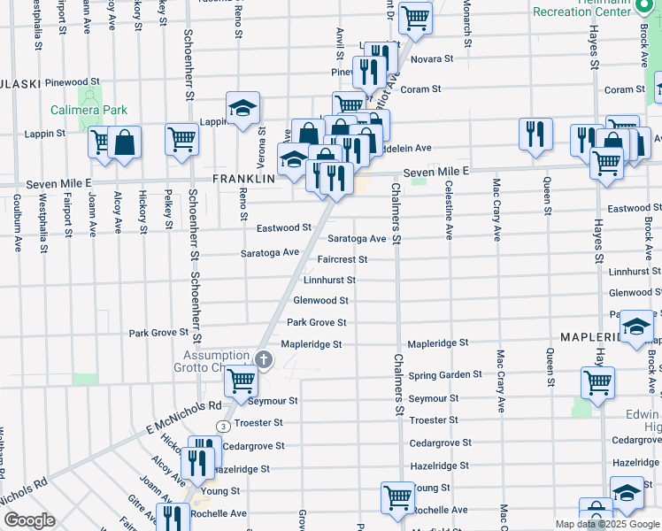 map of restaurants, bars, coffee shops, grocery stores, and more near 14052 Faircrest Street in Detroit