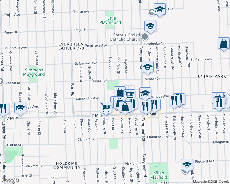 map of restaurants, bars, coffee shops, grocery stores, and more near 19311 Votrobeck Drive in Detroit