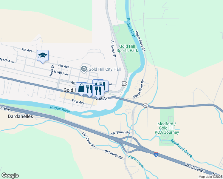 map of restaurants, bars, coffee shops, grocery stores, and more near 127 4th Avenue in Gold Hill