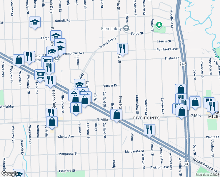 map of restaurants, bars, coffee shops, grocery stores, and more near 19377 Brady in Redford Charter Township