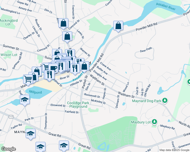 map of restaurants, bars, coffee shops, grocery stores, and more near 18 Waltham Street in Maynard