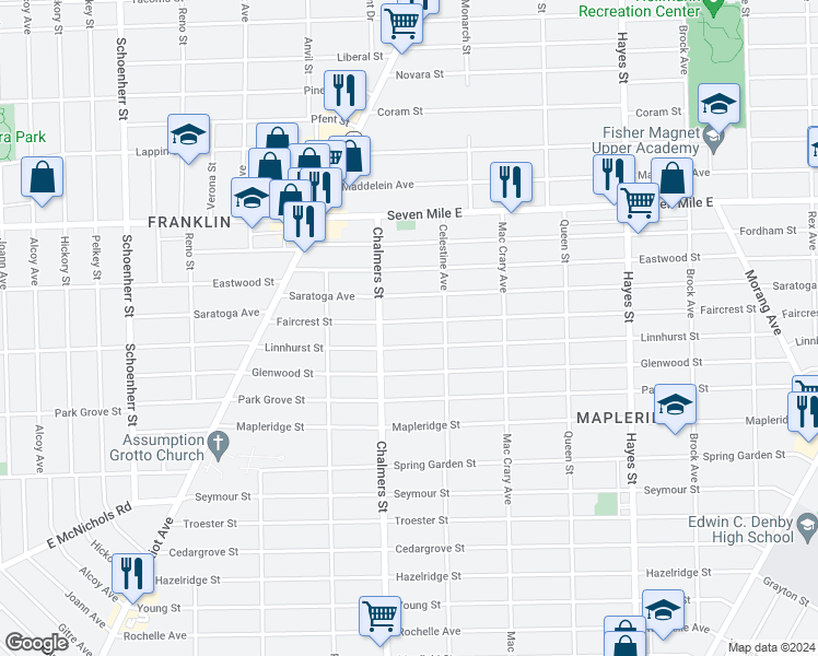 map of restaurants, bars, coffee shops, grocery stores, and more near 14456 Faircrest Street in Detroit