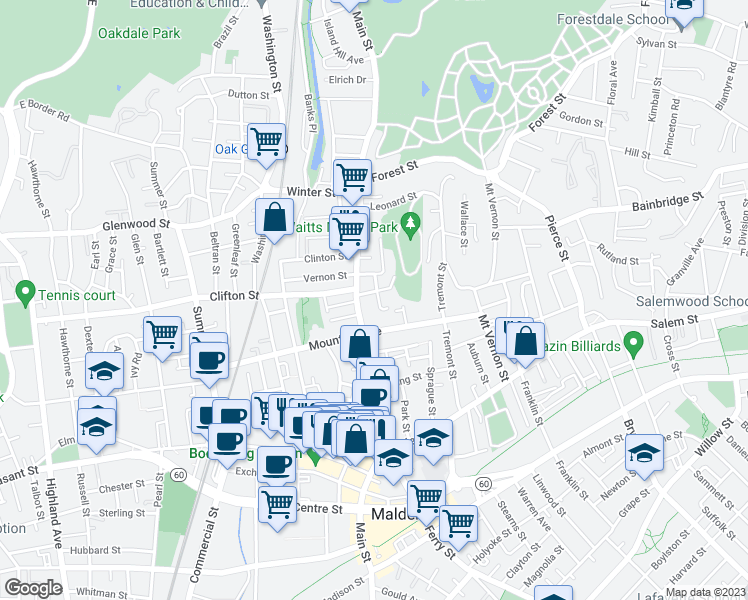 map of restaurants, bars, coffee shops, grocery stores, and more near 52 Crescent Avenue in Malden