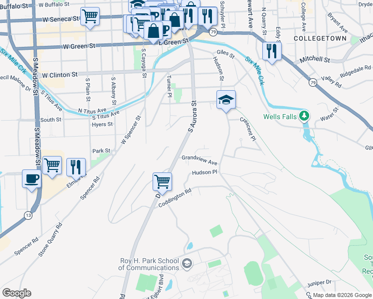 map of restaurants, bars, coffee shops, grocery stores, and more near 763 South Aurora Street in Ithaca