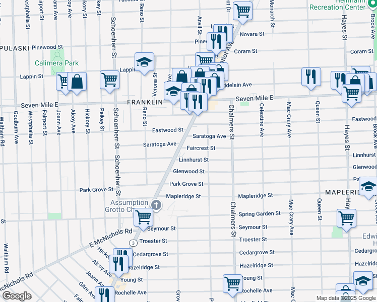 map of restaurants, bars, coffee shops, grocery stores, and more near 14052 Faircrest Street in Detroit