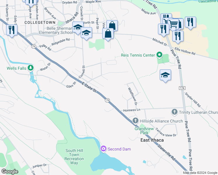 map of restaurants, bars, coffee shops, grocery stores, and more near 318 Eastwood Avenue in Ithaca