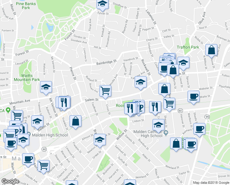 map of restaurants, bars, coffee shops, grocery stores, and more near 25 Seaview Avenue in Malden