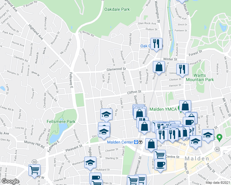 map of restaurants, bars, coffee shops, grocery stores, and more near 1 Kernwood Street in Malden