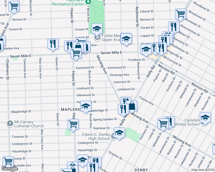 map of restaurants, bars, coffee shops, grocery stores, and more near 15605 Linnhurst Street in Detroit
