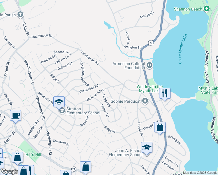 map of restaurants, bars, coffee shops, grocery stores, and more near 74 Windmill Lane in Arlington