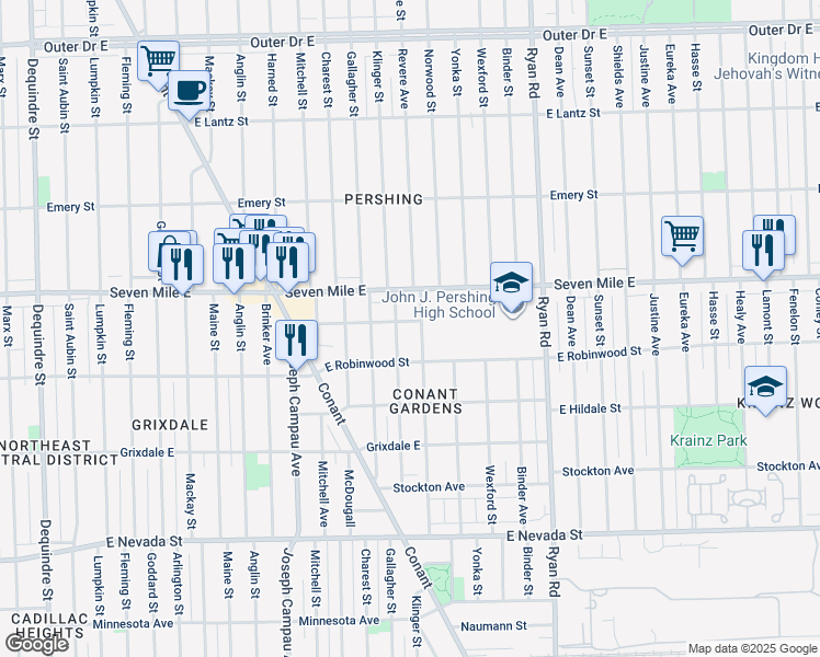 map of restaurants, bars, coffee shops, grocery stores, and more near 3520 East Brentwood Street in Detroit