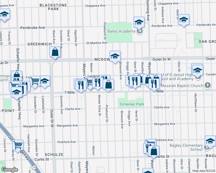 map of restaurants, bars, coffee shops, grocery stores, and more near 19134 Pinehurst Street in Detroit