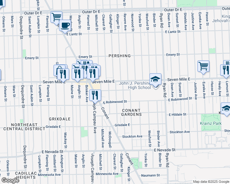 map of restaurants, bars, coffee shops, grocery stores, and more near 3140 East Brentwood Street in Detroit