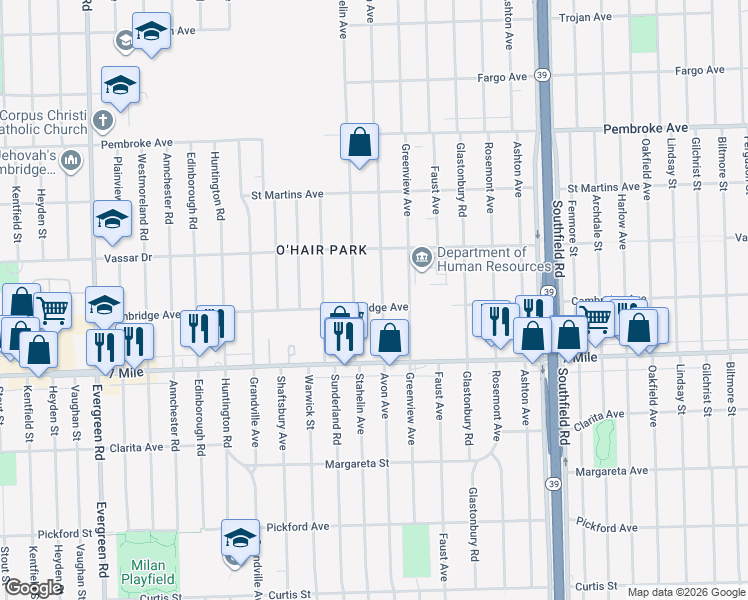 map of restaurants, bars, coffee shops, grocery stores, and more near 19314 Stahelin Avenue in Detroit