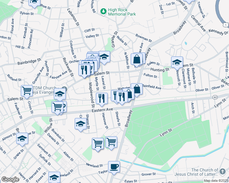 map of restaurants, bars, coffee shops, grocery stores, and more near 147 Webster Street in Malden