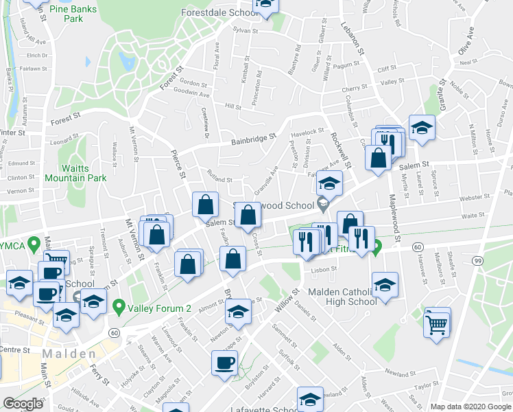 map of restaurants, bars, coffee shops, grocery stores, and more near in Malden