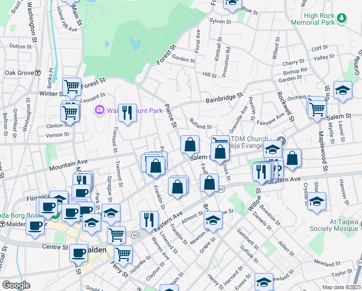 map of restaurants, bars, coffee shops, grocery stores, and more near 31 Pierce Street in Malden