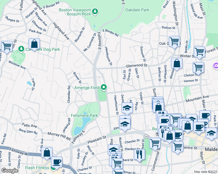 map of restaurants, bars, coffee shops, grocery stores, and more near in Malden