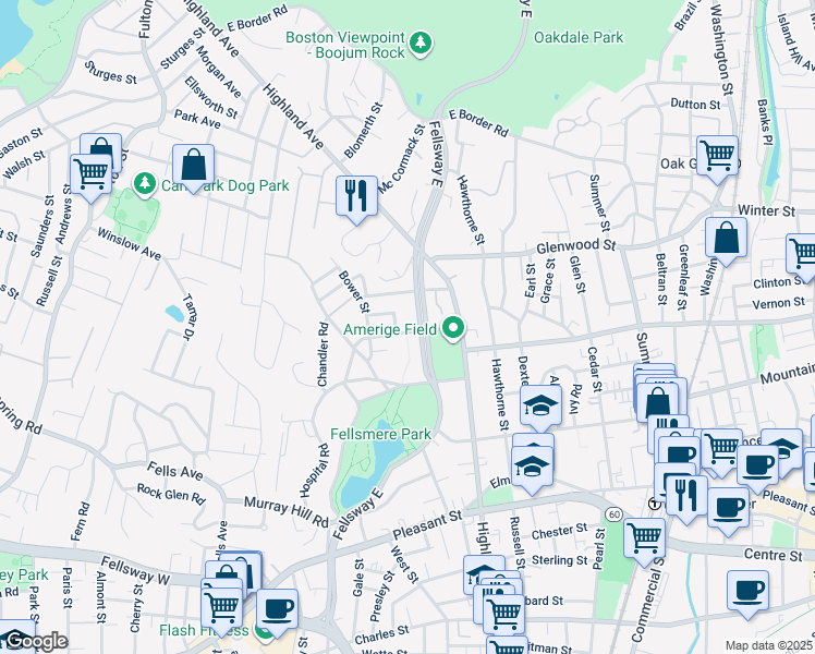 map of restaurants, bars, coffee shops, grocery stores, and more near 35 Pine Street in Malden