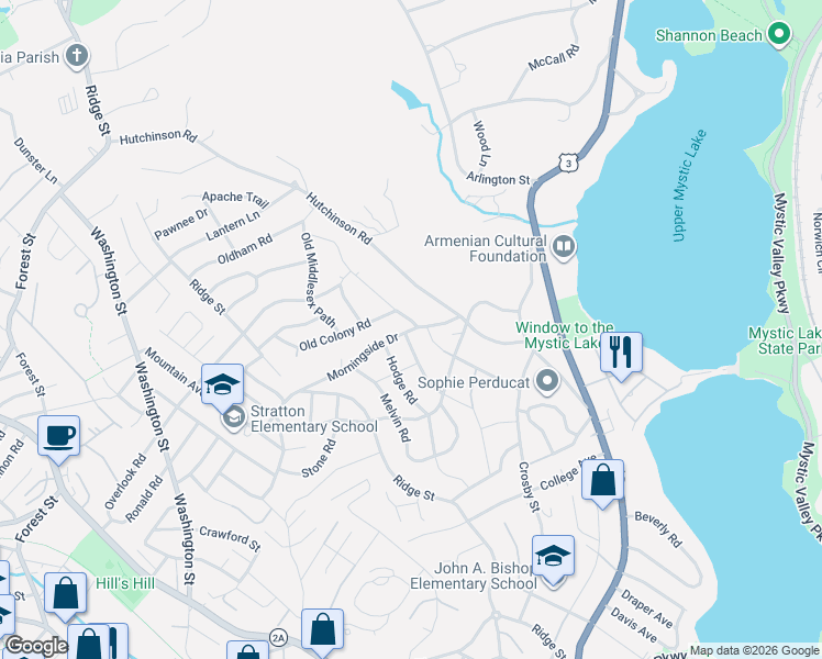 map of restaurants, bars, coffee shops, grocery stores, and more near 74 Windmill Lane in Arlington