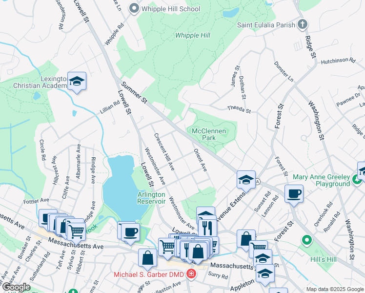 map of restaurants, bars, coffee shops, grocery stores, and more near 129 Madison Avenue in Arlington