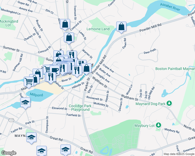 map of restaurants, bars, coffee shops, grocery stores, and more near 18 Waltham Street in Maynard