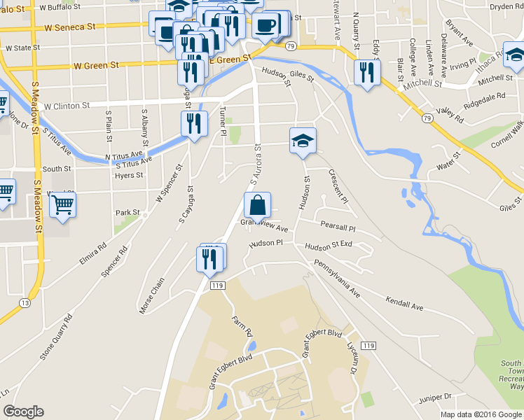 map of restaurants, bars, coffee shops, grocery stores, and more near 132 Grandview Court in Ithaca