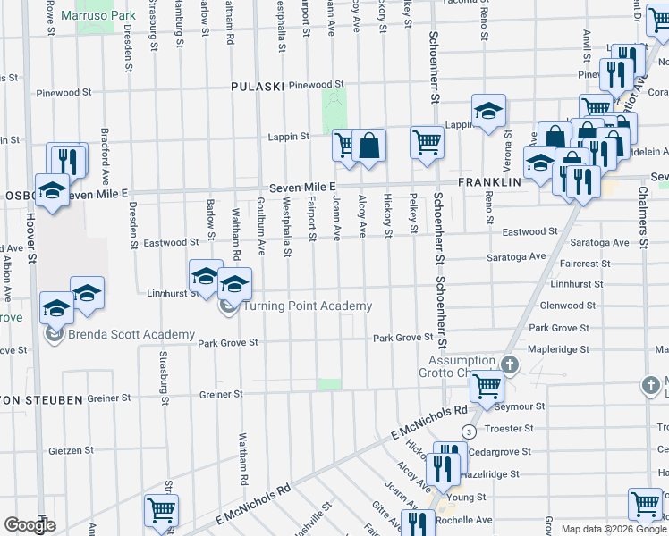 map of restaurants, bars, coffee shops, grocery stores, and more near 18652 Fairport Street in Detroit