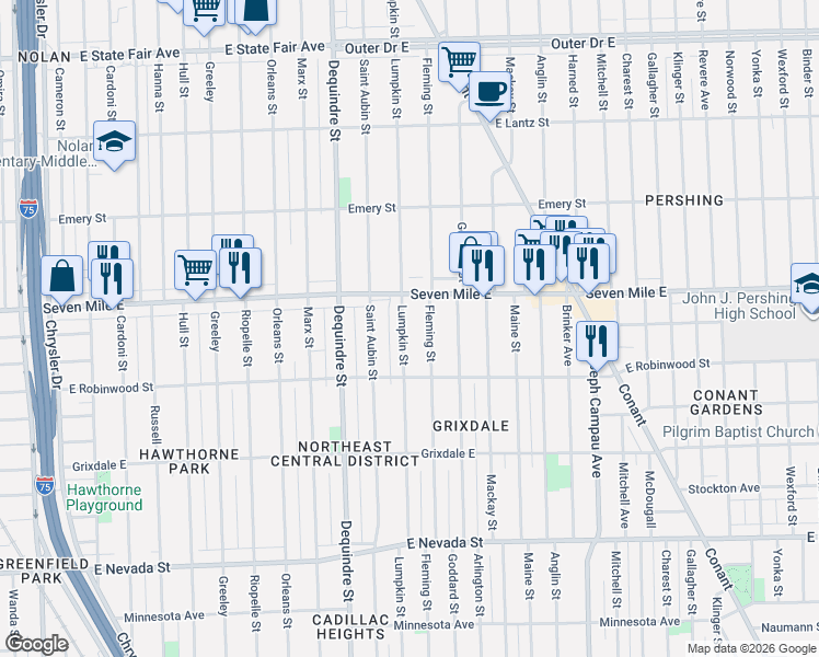 map of restaurants, bars, coffee shops, grocery stores, and more near 18907 Lumpkin Street in Detroit