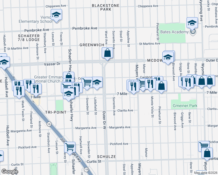 map of restaurants, bars, coffee shops, grocery stores, and more near 4893 Outer Drive West in Detroit