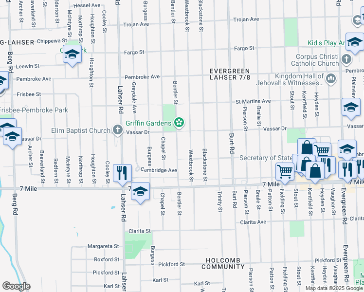 map of restaurants, bars, coffee shops, grocery stores, and more near 19344 Bentler Street in Detroit