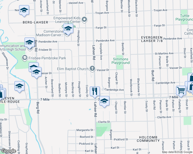 map of restaurants, bars, coffee shops, grocery stores, and more near 19305 Greydale Avenue in Detroit