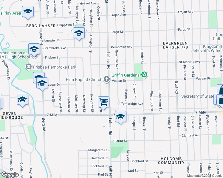 map of restaurants, bars, coffee shops, grocery stores, and more near 19305 Greydale Avenue in Detroit
