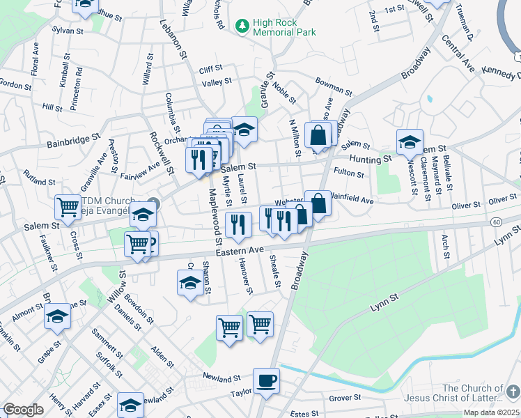 map of restaurants, bars, coffee shops, grocery stores, and more near 147 Webster Street in Malden