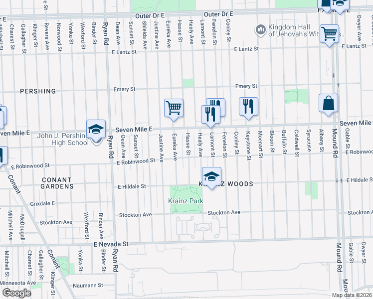 map of restaurants, bars, coffee shops, grocery stores, and more near 18831 Hasse Street in Detroit