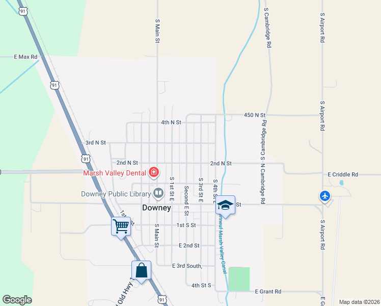 map of restaurants, bars, coffee shops, grocery stores, and more near 215-299 2nd East Street in Downey