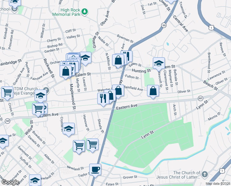map of restaurants, bars, coffee shops, grocery stores, and more near 264 Broadway in Malden
