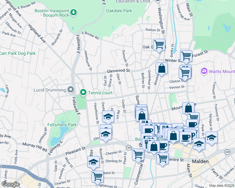 map of restaurants, bars, coffee shops, grocery stores, and more near 1 Kernwood Street in Malden