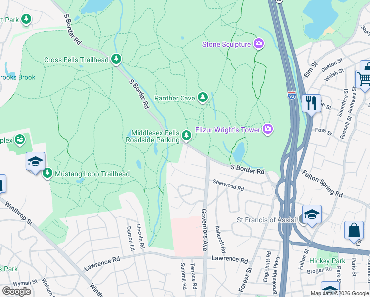 map of restaurants, bars, coffee shops, grocery stores, and more near 132 South Border Road in Medford