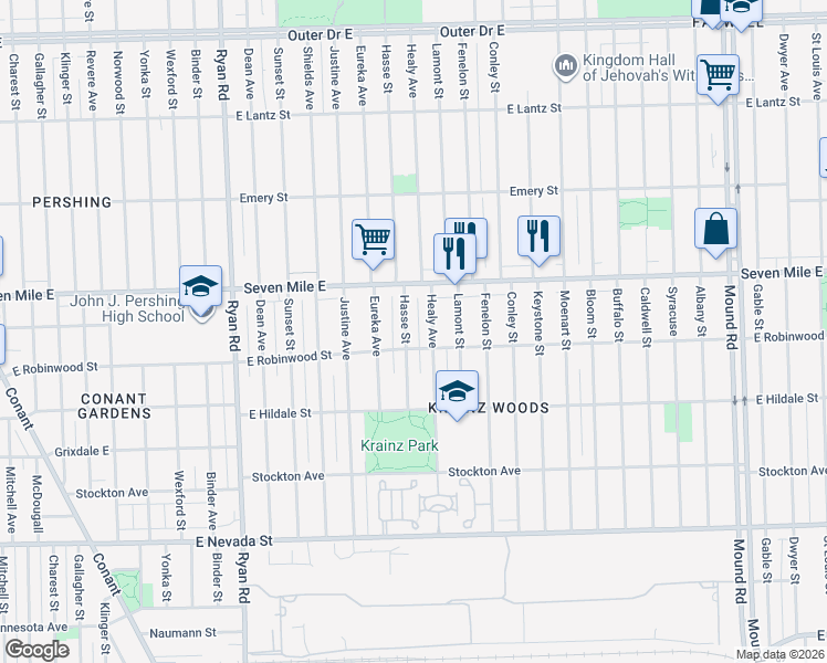 map of restaurants, bars, coffee shops, grocery stores, and more near 18831 Hasse Street in Detroit