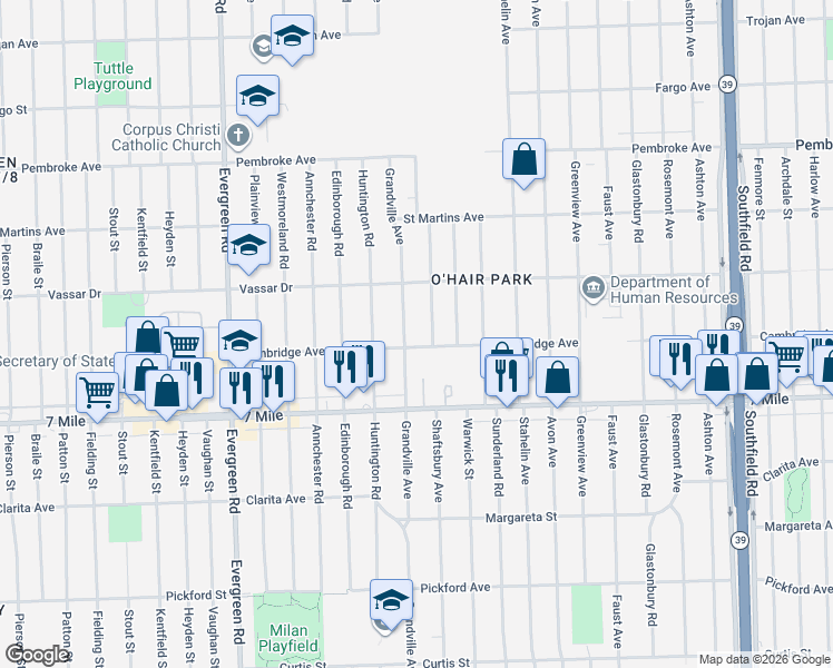 map of restaurants, bars, coffee shops, grocery stores, and more near 19320 Grandville Avenue in Detroit