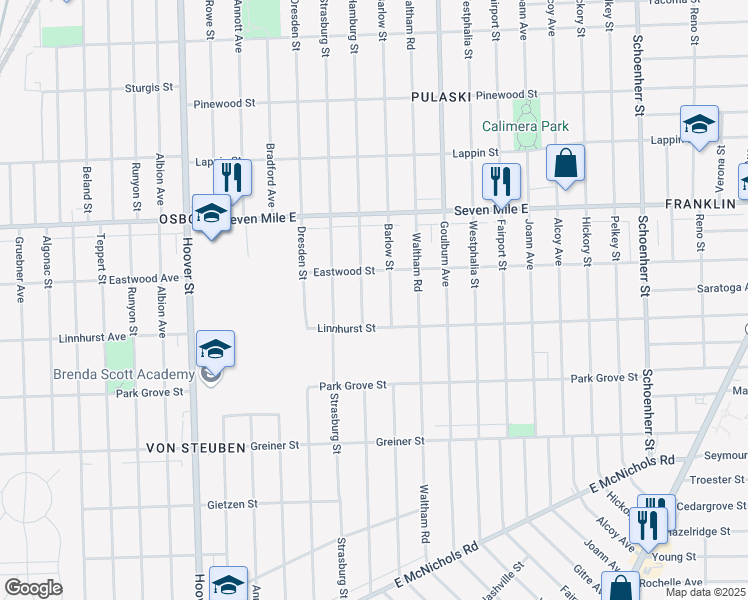 map of restaurants, bars, coffee shops, grocery stores, and more near 18660 Hamburg Street in Detroit